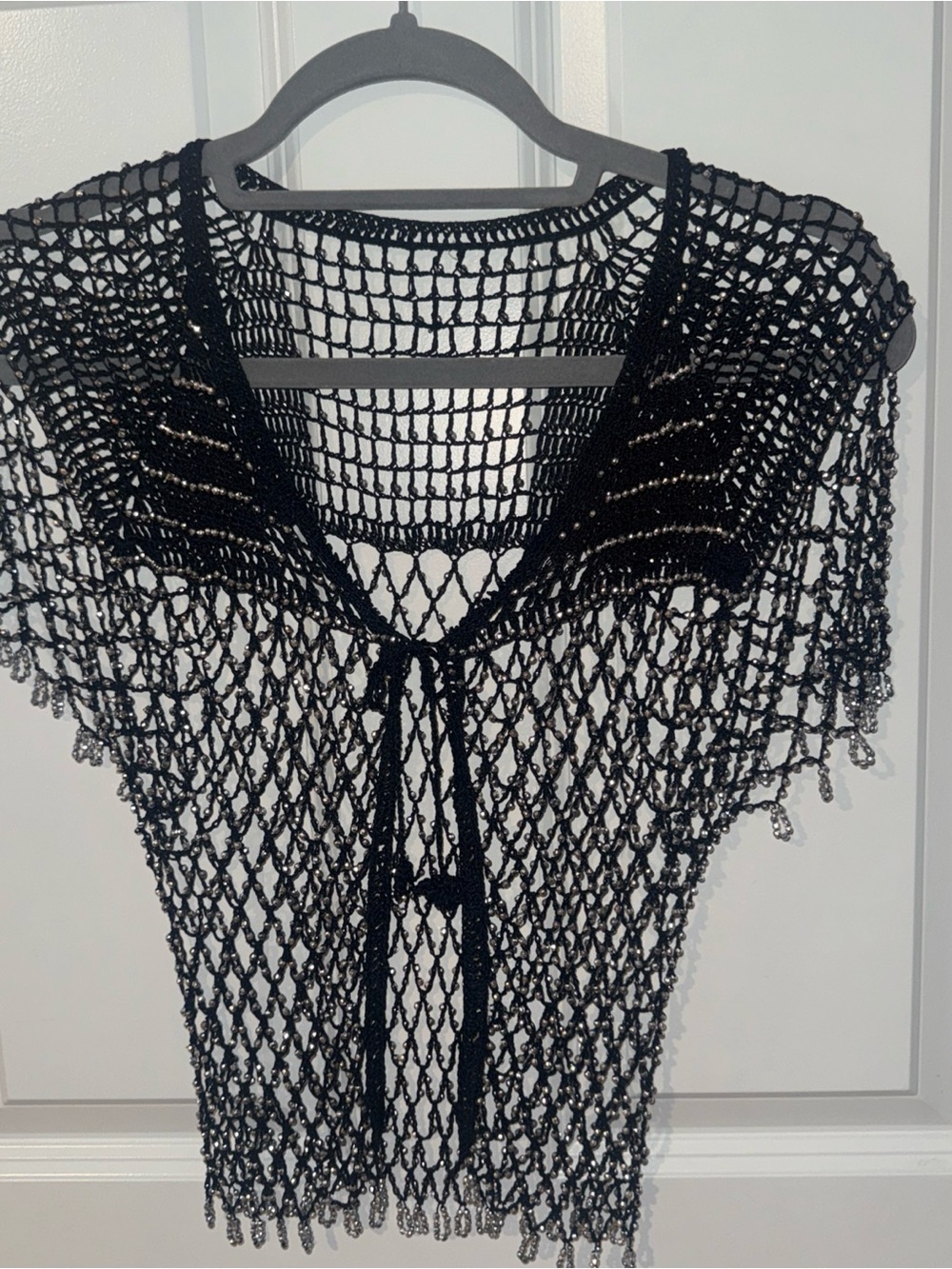 Black Crocheted Tie-Front Sheer Shrug